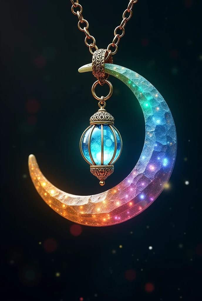 This is an enchanting crescent moon necklace, featuring a glowing, luminescent design. The crescent moon pendant is large and dominates the design, curving gracefully with a delicate filigree pattern that adds intricate detail to its surface. The crescent has a soft, radiant Rainbow glow that emanates from within, creating a magical and otherworldly effect. Hanging from the inside of the crescent moon is a small, spherical crystal or orb, encased in an ornate, Golden metal cage. The orb also emits a faint Rainbow glow, harmonizing with the light of the crescent moon. The metal cage surrounding the orb is intricately designed, with delicate swirls and loops that add a touch of elegance and complexity. The pendant is attached to a fine, Golden chain that complements the overall design. The chain is simple and unobtrusive, allowing the focus to remain on the glowing crescent moon and orb pendant. The overall aesthetic of the necklace is mystical and celestial, perfect for someone who appreciates unique, fantasy-inspired jewelry with a touch of magic.