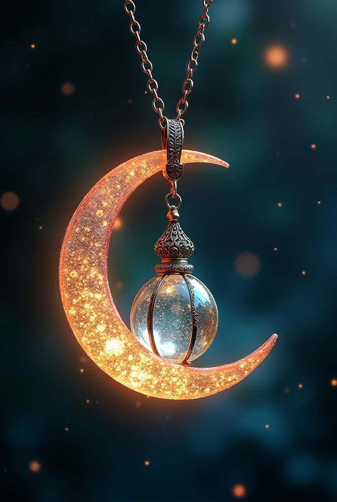This is an enchanting crescent moon necklace, featuring a glowing, luminescent design. The crescent moon pendant is large and dominates the design, curving gracefully with a delicate filigree pattern that adds intricate detail to its surface. The crescent has a soft, radiant Rainbow glow that emanates from within, creating a magical and otherworldly effect. Hanging from the inside of the crescent moon is a small, spherical crystal or orb, encased in an ornate, Golden metal cage. The orb also emits a faint Rainbow glow, harmonizing with the light of the crescent moon. The metal cage surrounding the orb is intricately designed, with delicate swirls and loops that add a touch of elegance and complexity. The pendant is attached to a fine, Golden chain that complements the overall design. The chain is simple and unobtrusive, allowing the focus to remain on the glowing crescent moon and orb pendant. The overall aesthetic of the necklace is mystical and celestial, perfect for someone who appreciates unique, fantasy-inspired jewelry with a touch of magic.