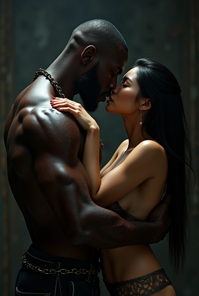 realistic, photorealistic, photo-realistic:1.37, best quality, 8k, highly detailed, hyper-detailed, insanely detailed, masterpiece, 1 strong black man wrapped in chains, 1 Asian woman in his arms, kissing, sensual, intricate textures, intense chiaroscuro lighting, dramatic shadows, cinematic composition, moody atmosphere, dark color palette, dramatic rendering, dramatic lighting, dramatic pose, cinematic angle, hyper-realistic skin, pores, subtle wrinkles, frown, intense eyes, toned muscular body, veins, tendons, intricate details, glowing skin