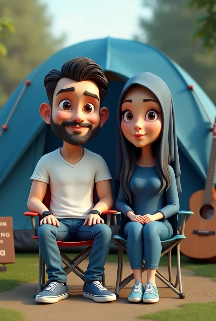 realistic 3d caricature. big head. a handsome man wearing glasses and a beautiful woman wearing a veil. 2. tall, slightly thin body, oval face shape. chin slightly oval. slightly round eyes, white skin, faint smile. Stylish man with neat black hair, wearing a white t-shirt, jeans, black watch, old school Vans shoes. veiled woman, wearing blue clothes. sitting side by side in folding chairs in front of a blue camping tent. The background is a camping sign, with a brown guitar leaning against the tent. Soft photography with sufficient lighting. Photos with very high detail