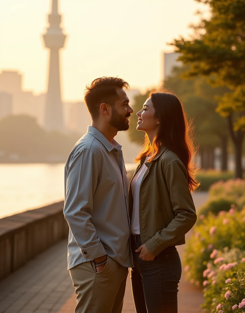 Natural and Intimate Poses: The couple will be standing close, with a similar gentle connection and warm expressions, as they share a quiet, intimate moment together.
Casual yet Elegant Fashion: The couple will wear stylish, modern attire with a relaxed feel—perhaps the woman in a casual jacket and trousers and the man in a casual jacket and trousers, reflecting both comfort and sophistication.
Soft, orange Lighting: The scene will feature warm, golden hour lighting, similar to the soft sunlight in the original photo, casting a romantic glow over the couple and the surroundings.
Yamashita Park Setting: The background will include iconic features of Yamashita Park, such as the waterfront with views of Yokohama Bay, lush greenery, blooming flower beds, and perhaps a glimpse of the Marine Tower. The park’s natural beauty will enhance the peaceful and orange atmosphere. Asian couple