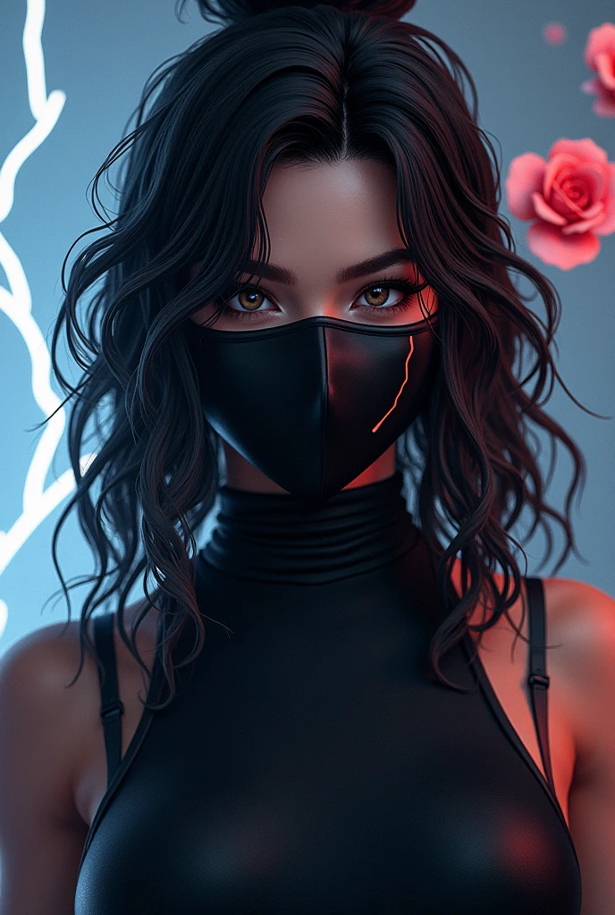 Free fire game style female character, featuring. long curly hair. With a black mask and a black turtleneck . So"Written" . With background and white lightning rose game version 
 

 
