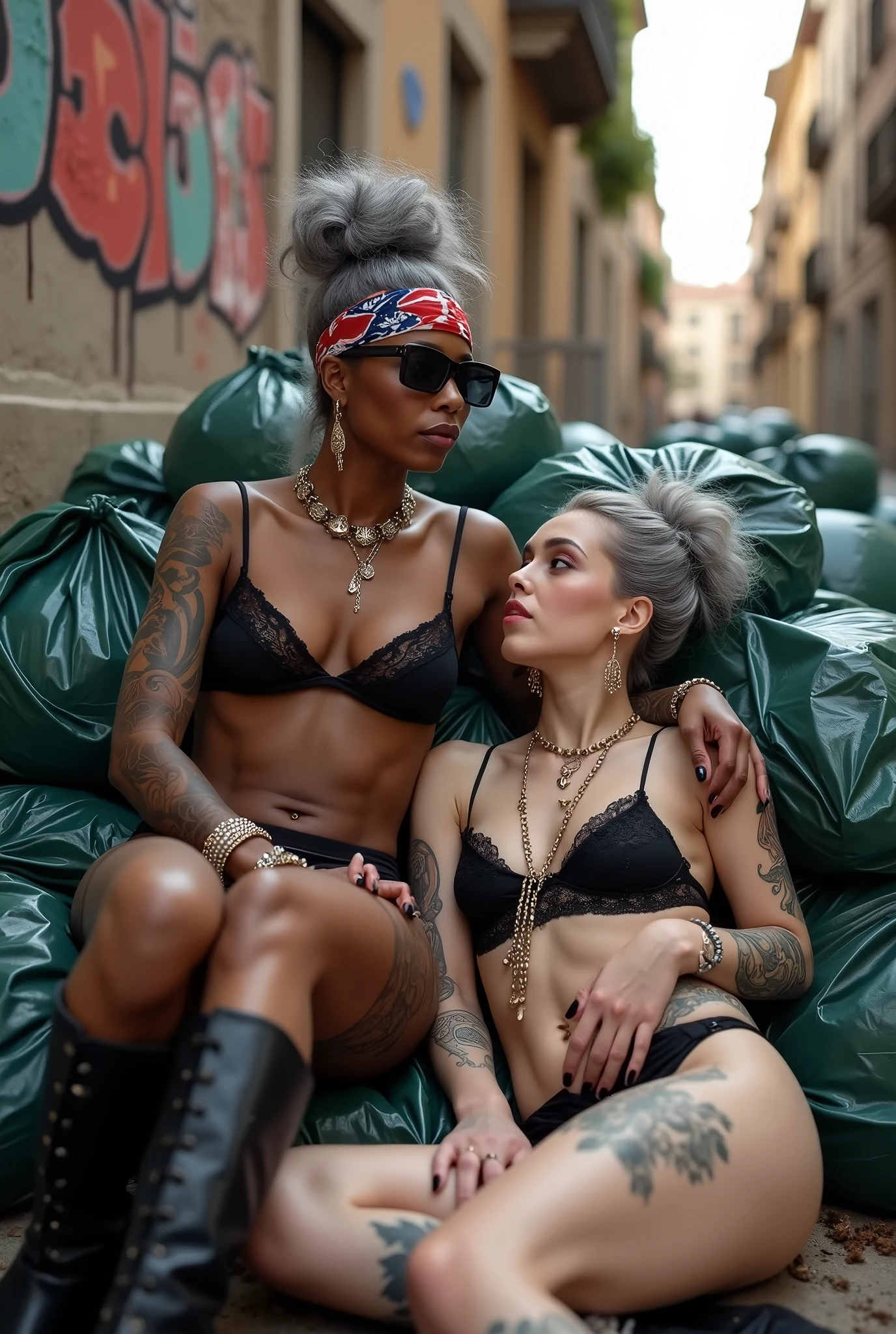 Two russian milf women: the dominant dark skinned gipsy woman with possessive stance (arm around her partner"s neck , leaning on her partner and the other hand on her partner's crotch) protecting the pale submissive and needy one, who is helpless and looks up with open mouth with wide open legs (her hair is messy and her bra straps of her shoulder), her hands in the air. different clothes but same rock chic style. grey hair (bouffant, top bun) and oversized square sunglasses and wide colourful bandana as headband. Big lips. Black lace push up bra, silicone breast,, low rise black lace thongs. Tall knee high leather boots with necklaces in ankles.. Lots of thick wide studded bracelets, chain necklaces and big rings,. Long earrings with chains and feathers. Chains around their hips. Lounging lazily on a pile dark green plastic bags. Lazy, leaning back, laid back pose, separated legs. Neck, chest, stomach, feet, hands, arms and wrists heavily tattoed. Toned abdominals, thin neck, slim legs and thin arms. Narrow hips. Full body. At a Madrid narrow street with graffitied walls, ground littered with waste . Some nuns witness the scene. Sunny day