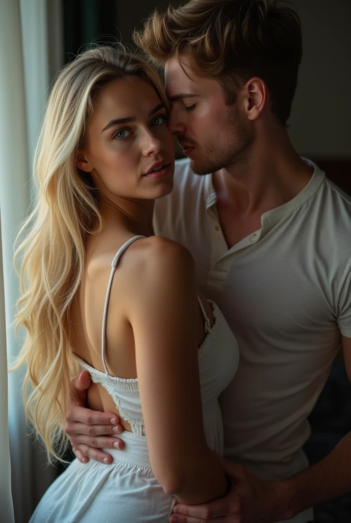 A guy who harasses and touches a girl with long blond hair and blue eyes in the pussy. dziewczyna płacze.