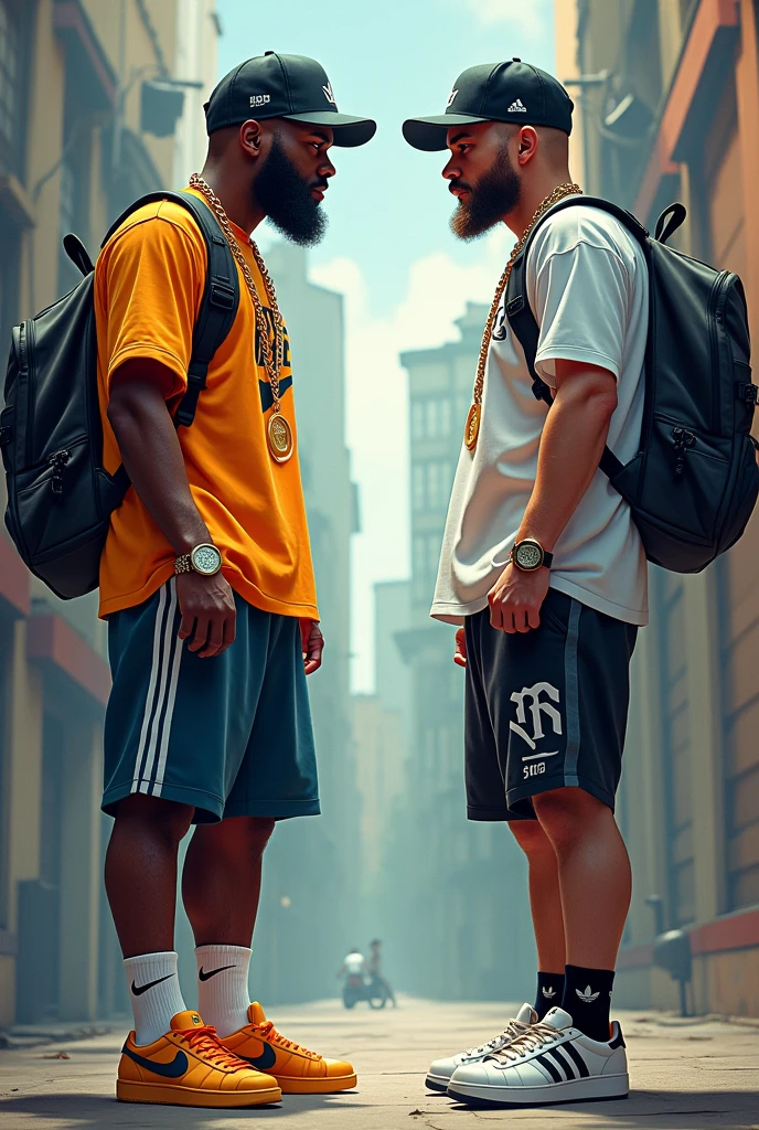 Rhyme Battle Little Black Guy in Nike Hat, Nike shirt, bermuda Nike, Nike socks on the shin and Nike sneakers , gold chain with Nike pendant vs german man wearing Adidas cap, Adidas shirt, Adidas shorts, Adidas tennis shoes, Adidas backpack 