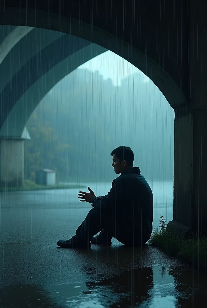 Hd wallpaper a man sitting and his hand reaching out into the heavy rain, background is under a bridge