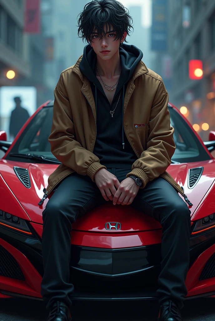 a close up of a boy sitting on a car honda nsx-r with a jacket on name NICHI, realistic artstyle, realism artstyle, e - boy, e-boy, realistic art style, striking detailed artstyle, photorealistic artstyle, photorealistic!!!!!!! art style, [ 4 k digital art ]!!, artwork in the style of guweiz, dark but detailed digital art