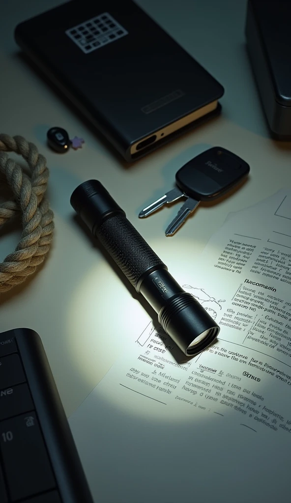 on the desk、flashlight、rope、Car Key