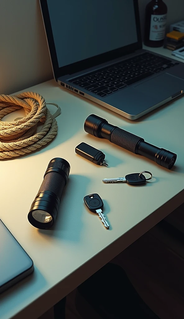 on the desk、flashlight、rope、Car Key