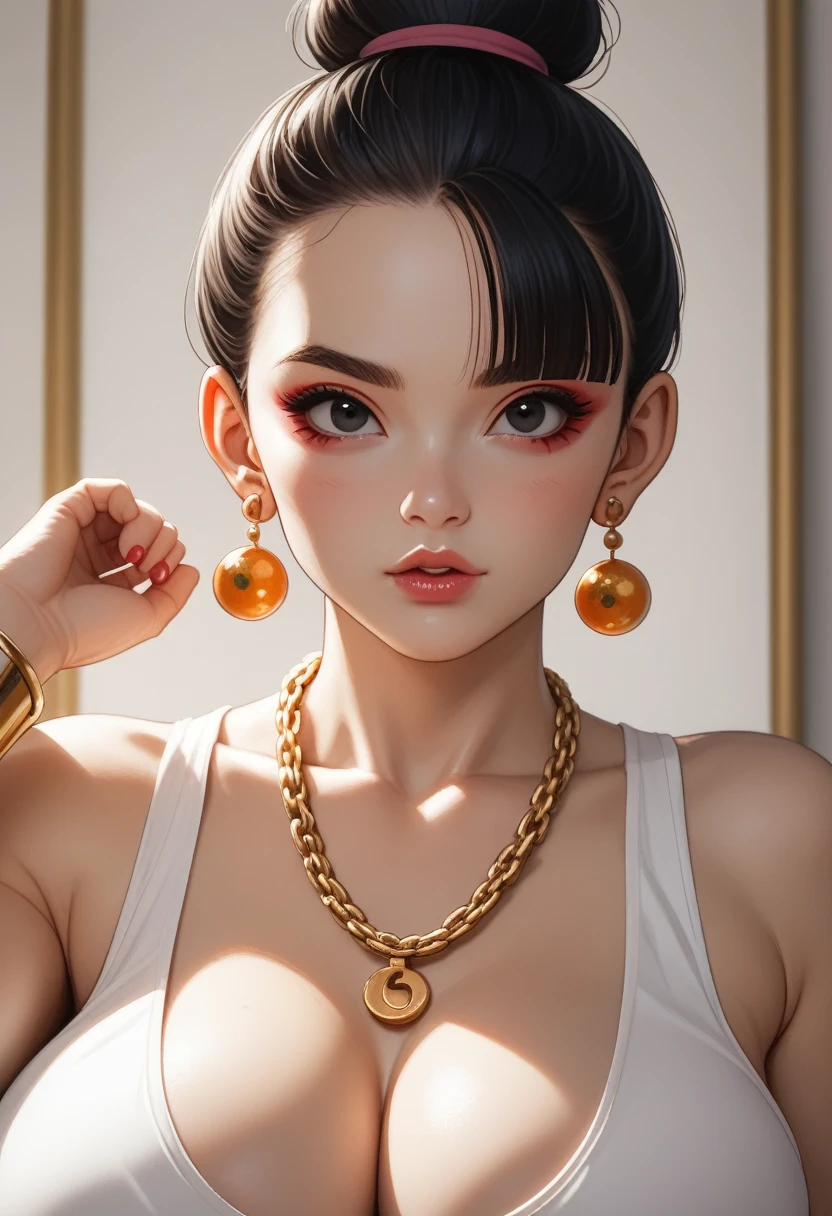 (Ultra-realistic, 32K, RAW image: 1.1)، (Highly detailed skin: 1.1), 8K UHD, DSLR Camera, High Quality, Film Grain, (makeup, mascara: 1.1)، Full lips، (Thick\Full lips\)، 
 (shiny clothes: 1.1)Dragon Ball, bbchichi, one hair bun, hair bun, sharp bangs, side locks, black eyes, earrings, bracelet, gold chain around the neck ((Chest)) Five, big saggy breasts, in front of the viewer, 
 (Looking at the model, picture:1.1)،، 
  (Filled to the brim الصدر: 1.1)، (Filled to the brim: 0.1)، (Soft shaded neon light: 1.1)Dark appearance, very clean and well organized contemporary space.. High quality UHD 18K resolution.