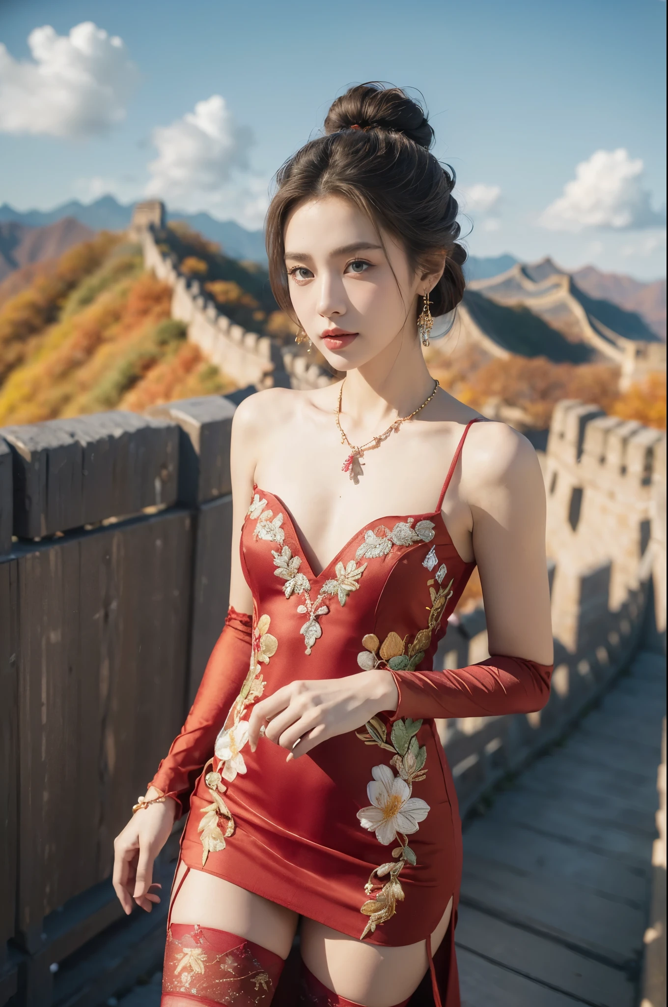 (((best quality))), (((ultra detailed))), (((masterpiece))), illustration,((1 beautiful girl,solo)),(on the Great Wall:1.3),(neat bun:1.2),((earrings,necklace)),((slim,thin)),((small breasts,flat chest)),((October, sunny, autumn,bright sunshine)), magnificent mountains,(maxi gorgeous Exquisite embroideried red dress:1.3),(stockings:1.3),(slender legs:1.2),(standing:1.3),gracefully,(detailed bright eyes:1.3),(fair skin:1.3), radiant,sparkling, vibrant colors,(colorful flowers:1.3), elegance, strength, perseverance, majestic, awe-inspiring, fluffy white clouds,((from front,upper body))