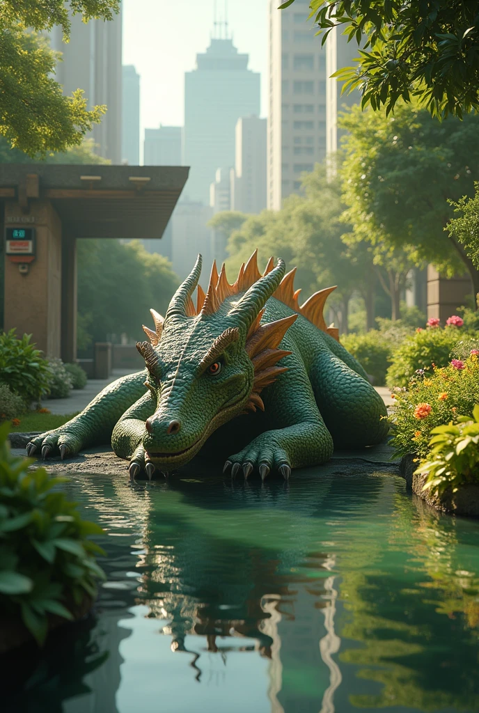 Scene: The dragon discovers a hidden garden in the city where it feels a sense of peace and familiarity.
Description: The dragon in HD Quality, resting in a serene, lush garden surrounded by city buildings, with a calm demeanor.