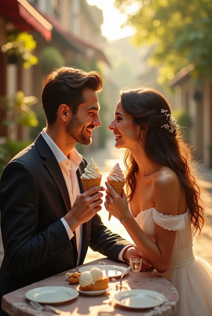 A beautiful couple eating ice cream