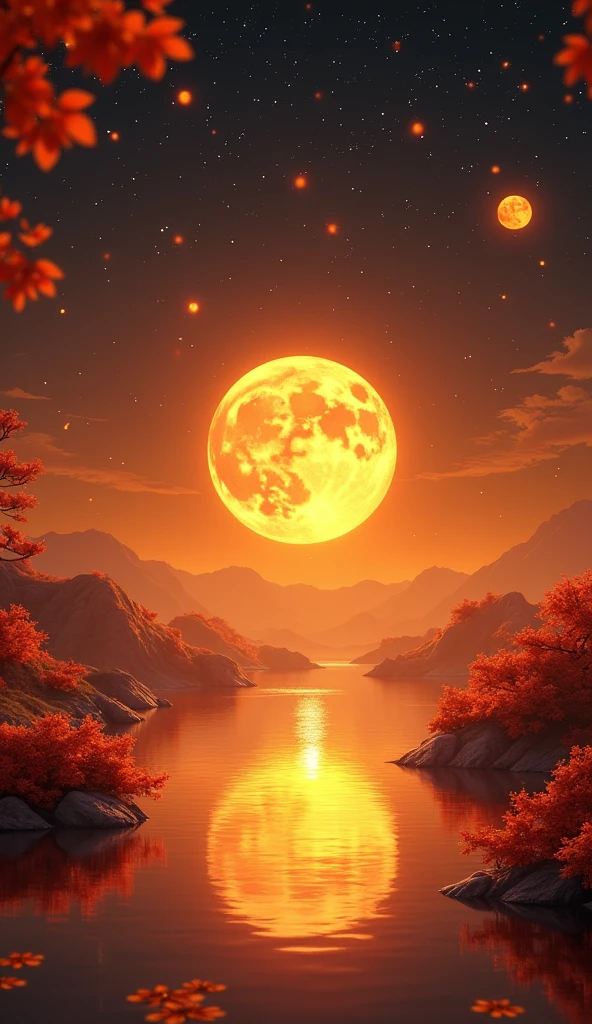 Starry sky, Mid Autumn Festival, warm yellow tone, ultra wide angle lens, bright light, ultra clean background, C4D, OC renderer, 3D effect
