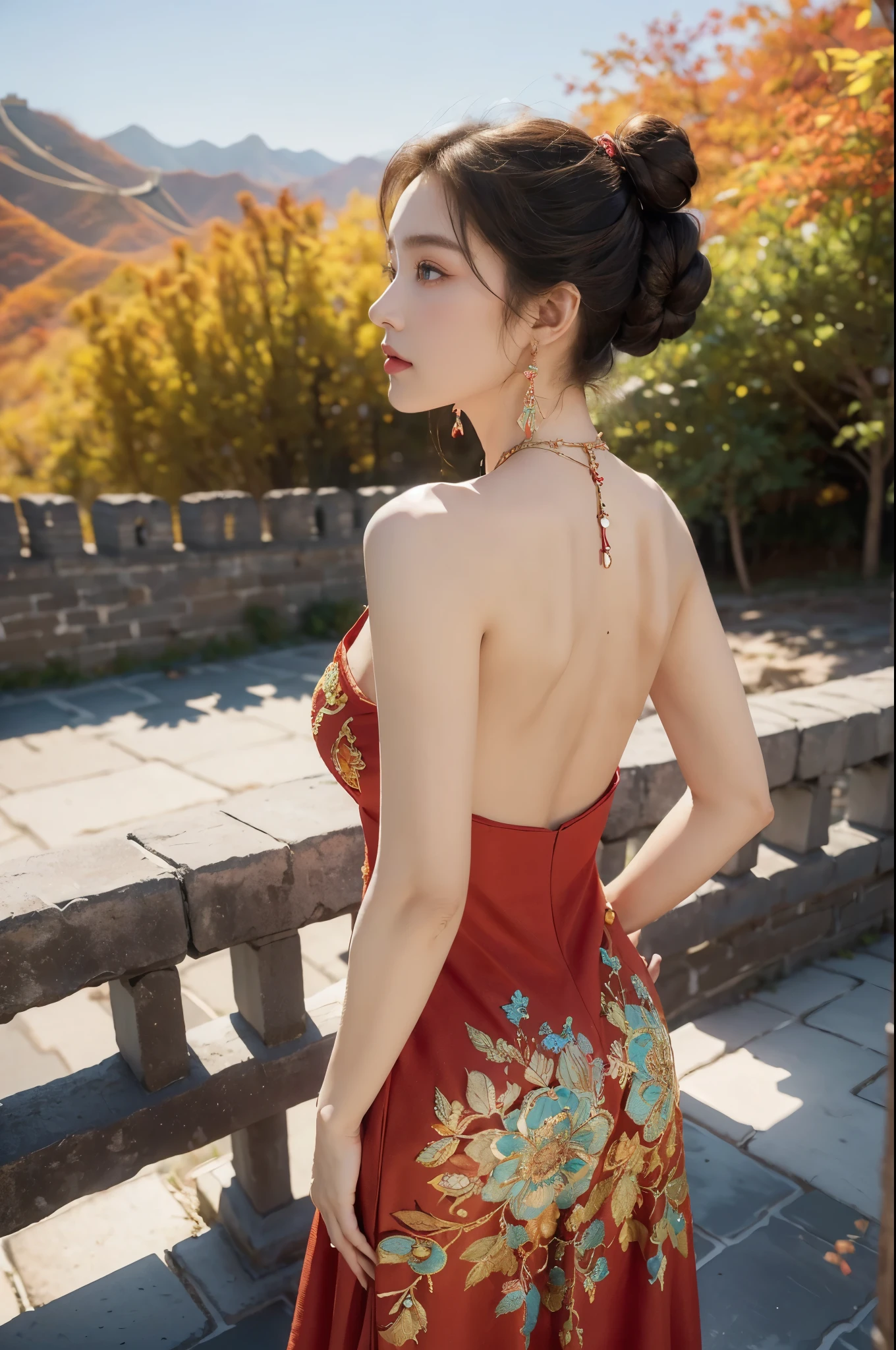 (((best quality))), (((ultra detailed))), (((masterpiece))), illustration,((1 beautiful girl,solo)),(on the Great Wall:1.3),(neat bun:1.2),((earrings,necklace)),((slim,thin)),((bare back,towering hips,butt crack)),((October, sunny, autumn,bright sunshine)), magnificent mountains,(maxi gorgeous Exquisite embroideried red dress:1.3),(stockings:1.3),(standing:1.3),gracefully,(detailed bright eyes:1.3),(fair skin:1.3), radiant,sparkling, vibrant colors,(colorful flowers:1.3), elegance, strength, perseverance, majestic, awe-inspiring, fluffy white clouds,((from back,upper body))