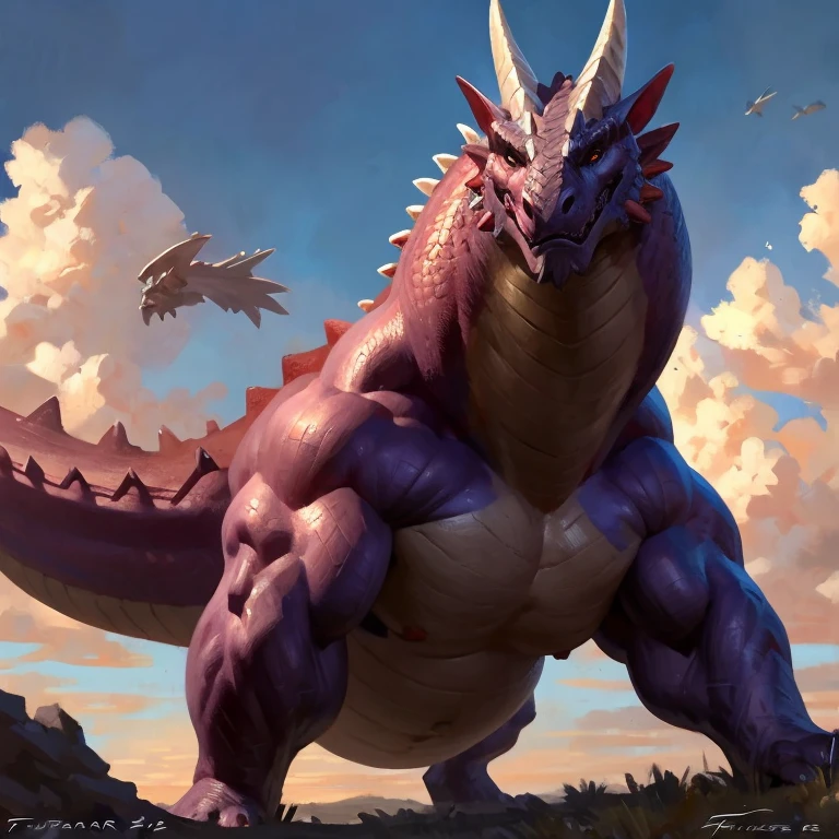Detailed painting, by Taran Fiddler, closeup, outlook view, wide angle, dragoness, full body, feral, dainty, friendly, colorful, rounded snout, wings, pregnant-like belly, round belly, dominant belly, huge belly, bloated belly, big muscles, wide body, thick body muscles, powerfull muscles, beefy muscles, thick neck, beefy neck, tall, voracious, glutonous, enormous, giant, gigantic, colosssal size, gargantuan, kaiju, powerfull look, badass look, looking at viewer