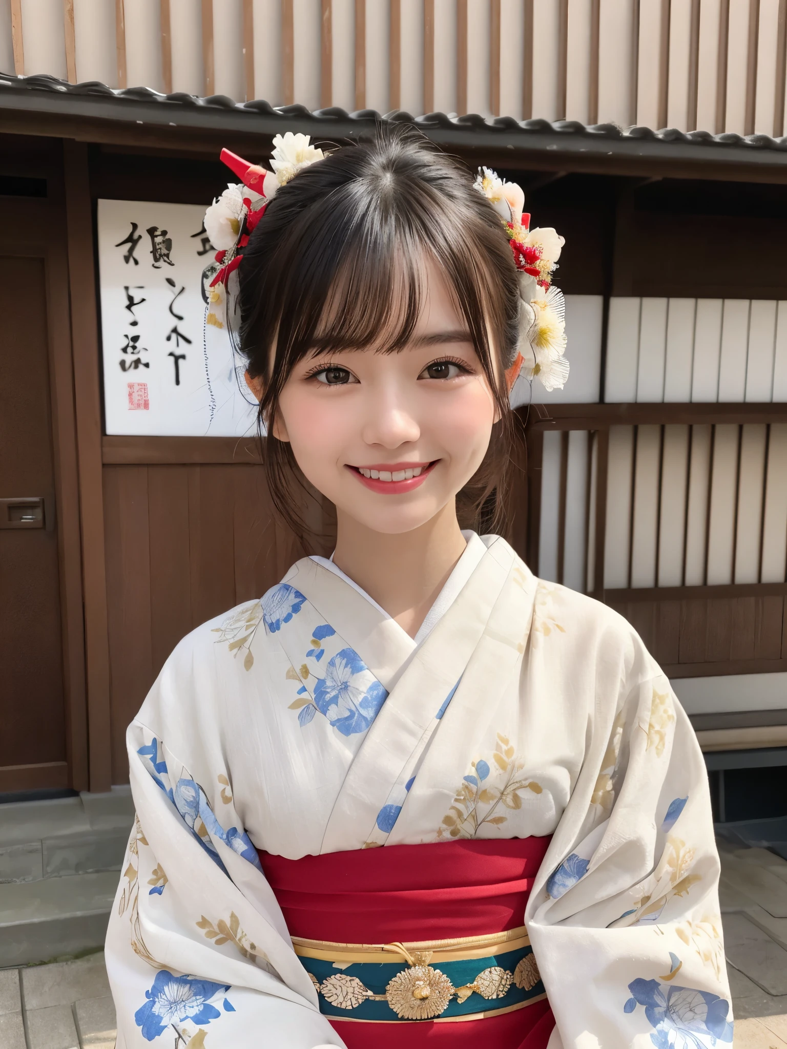 1girl, solo, highres, best_quality, masterpiece, detailed_background, intricate_details, beautiful, kanazawa, nagamachi_samurai_district, old_town, traditional_clothes, kimono, historical, smile, looking_at_viewer, dynamic_pose, natural_pose, candid, happy