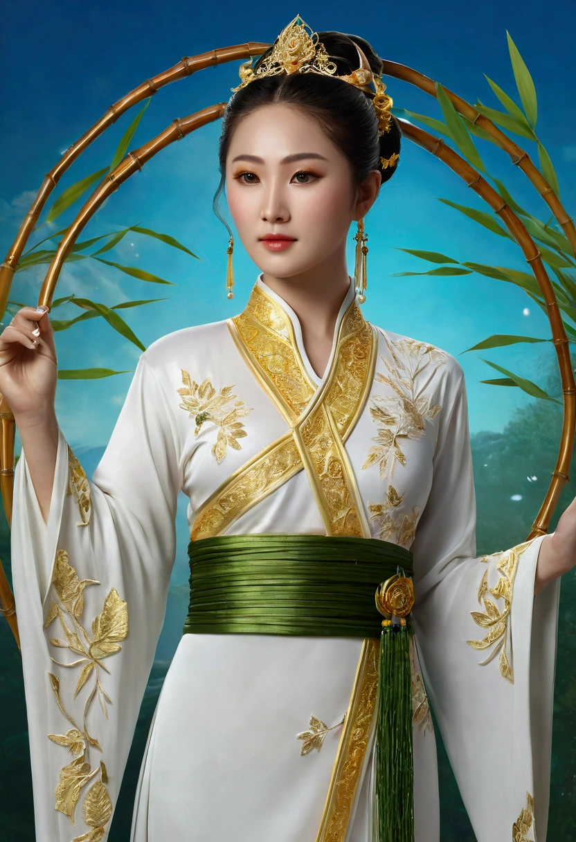 full body,digital art
Bodhisattva Guanyin is a beautiful (lifelike) young woman with a radiant circle, a sweet and beautiful face wearing a white Chinese dress with bright gold trim, light and luxurious embroidery, flowing, with a willow leaf, a small stem with green bamboo, on a light blue sky, fantasy sky, glowing light, glittering
A beautiful picture like magic
UHD,3d,124k oil painting