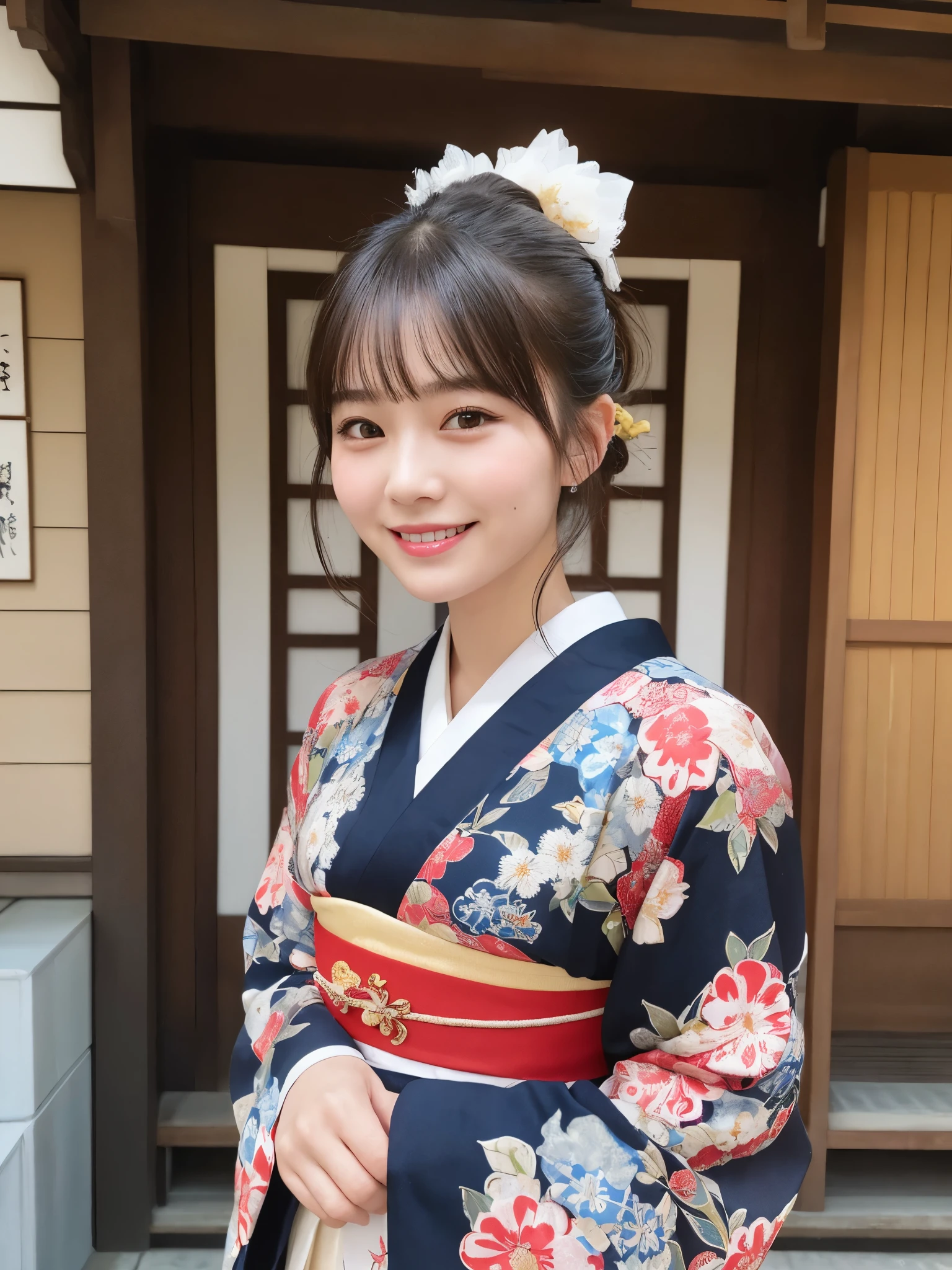 1girl, solo, highres, best_quality, masterpiece, detailed_background, intricate_details, beautiful, kanazawa, nagamachi_samurai_district, old_town, traditional_clothes, kimono, historical, smile, looking_at_viewer, dynamic_pose, natural_pose, candid, happy
