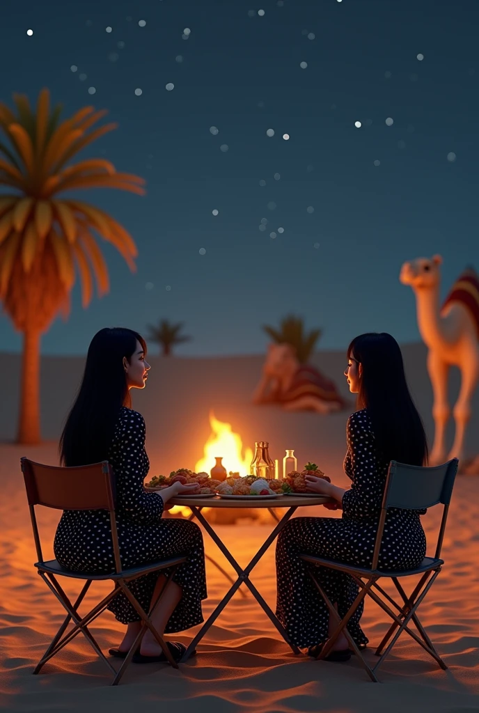 (photorealism:1.2), two 3 asian women, long black hair, wearing black polka dot dresses, wearing black sandals, sitting on folding chairs, folding table full of food, desert background, sitting camel, date palm, night time, campfire