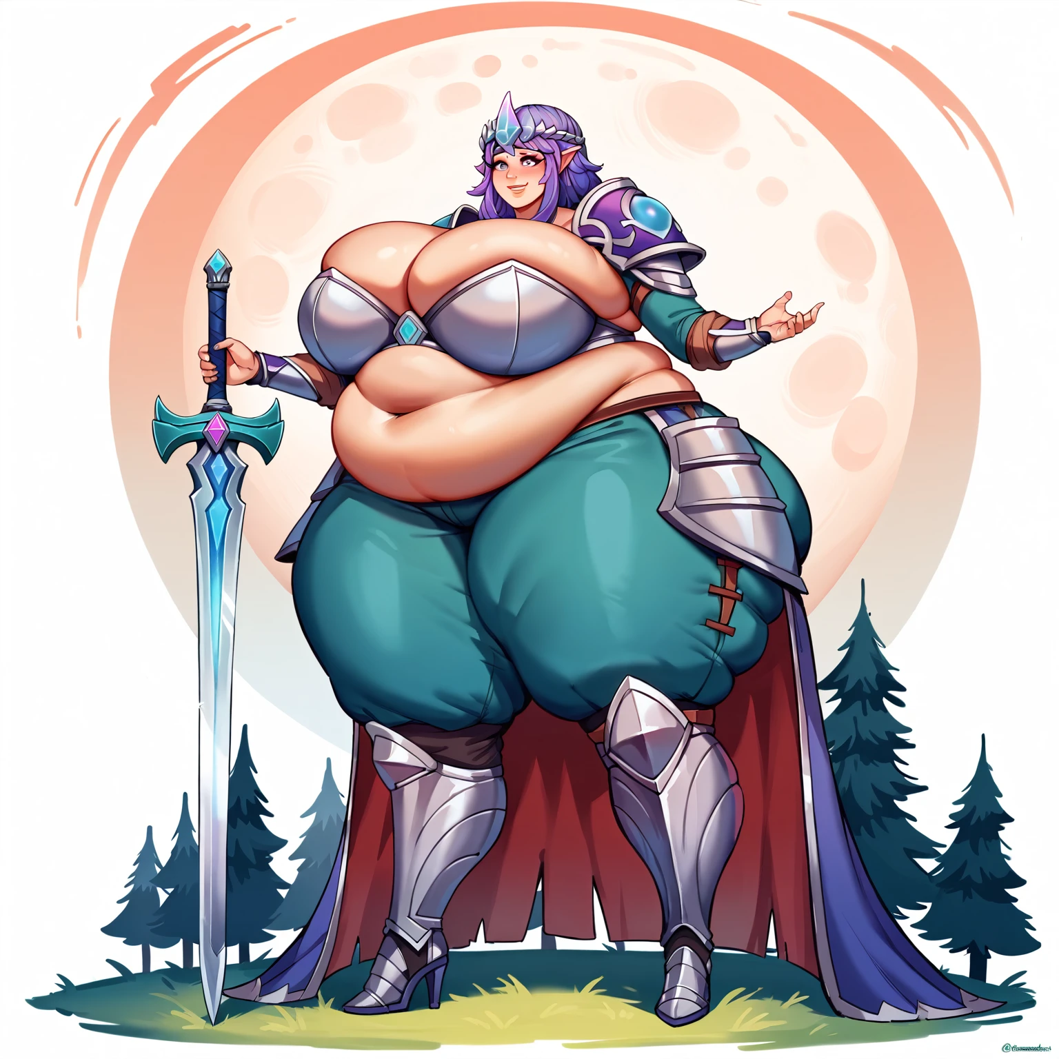 masterpiece, best quality, super detail, 4k, 1girl, milf, (female ssbbw, paladin armor:1.1), bbw, gigantic breasts, high heels, extremely wide hips:2.0, massive thighs:2.0, massive calves, massive belly, smiling expression, aroused, (getting turned on, eyes open, holding sword, eyes very well defined (high priority), pupils very well defined(High priority)),(Face close to viewpoint) , Image in anime style, add detail, forest background, night sky, trees, moon, waist up view, eyes wide open, open eyes, add forest background, add night sky background