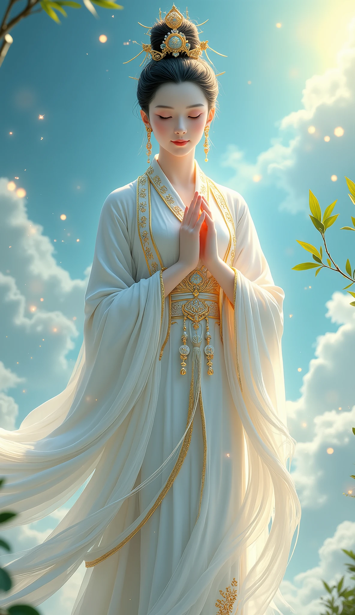 full body,digital art
Bodhisattva Guanyin is a beautiful (lifelike) young woman with a radiant circle, a sweet and beautiful face wearing a white Chinese dress with bright gold trim, light and luxurious embroidery, flowing, with a willow leaf, a small stem with green bamboo, on a light blue sky, fantasy sky, glowing light, glittering
A beautiful picture like magic
UHD,3d,124k oil painting
