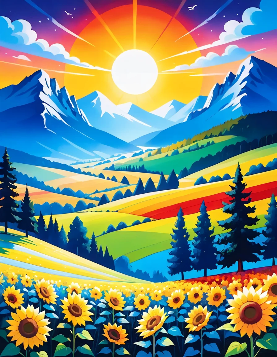 Masterpiece, best composition, dynamic composition, colorful landscape painting with sunflowers, trees and hills, colorful landscape painting, psychedelic landscape, vivid oil painting, vivid abstract landscape, color field painting. 8K, amazing colorful landscape, detailed impasto, colorful oil painting, psychedelic sky, mountains and colorful sun, painted landscape, colorful sky, hills with flowers, big trees on hills, summer day psychedelic, big colorful picture.