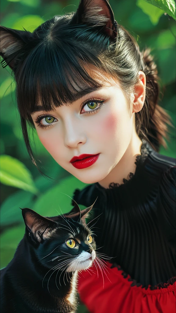 8k, alone, beautiful girl, Black cat, compensate, blush, lipstick, Red lips, Portraiture, Realistic, Green Eyes, View your viewers, Painting, butterfly,