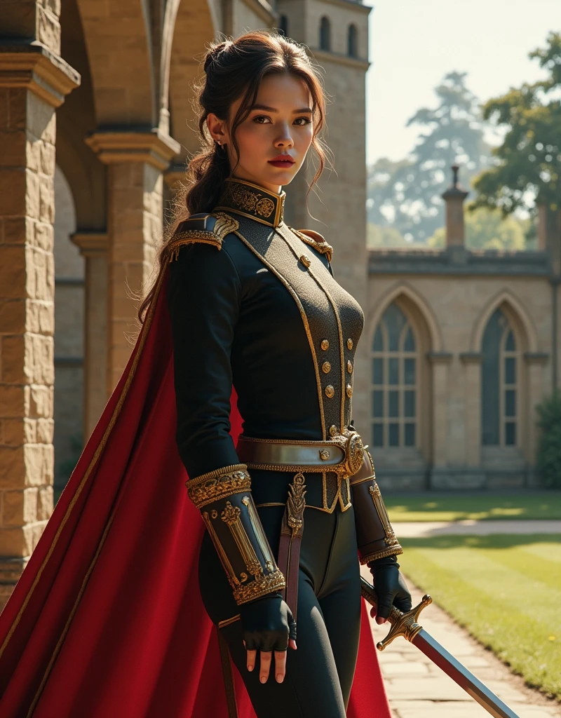 (photorealism:1.2), beautiful woman with sword, England Guard