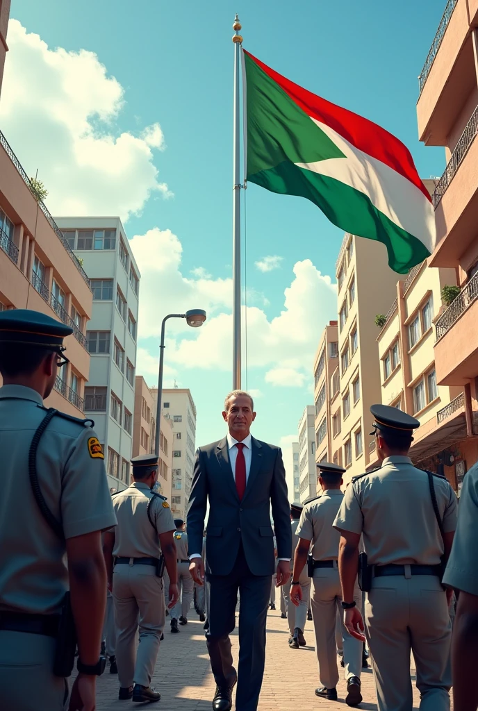 Djibouti ville avec le drapeau et vert blanc bleu avec une étoile rouge .avec le président accompagné par la police 