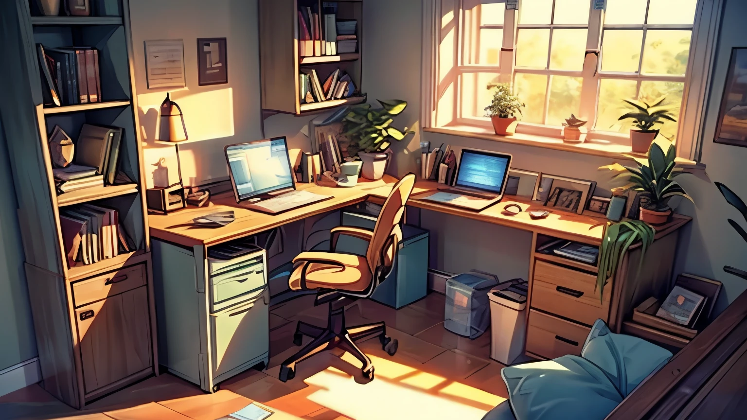 An anime-style scene of a cozy programmer's workspace. The desk is neatly arranged with a laptop displaying code, a mechanical keyboard, and a few tech gadgets. Surrounding the desk are comforting elements like a steaming coffee mug, a potted plant, and a desk lamp casting soft, warm light. In the background, large windows let in natural light, and shelves are filled with books, decorations, and some tech equipment. The scene uses a soothing pastel color palette, creating a calm and productive atmosphere, with no human figures included.