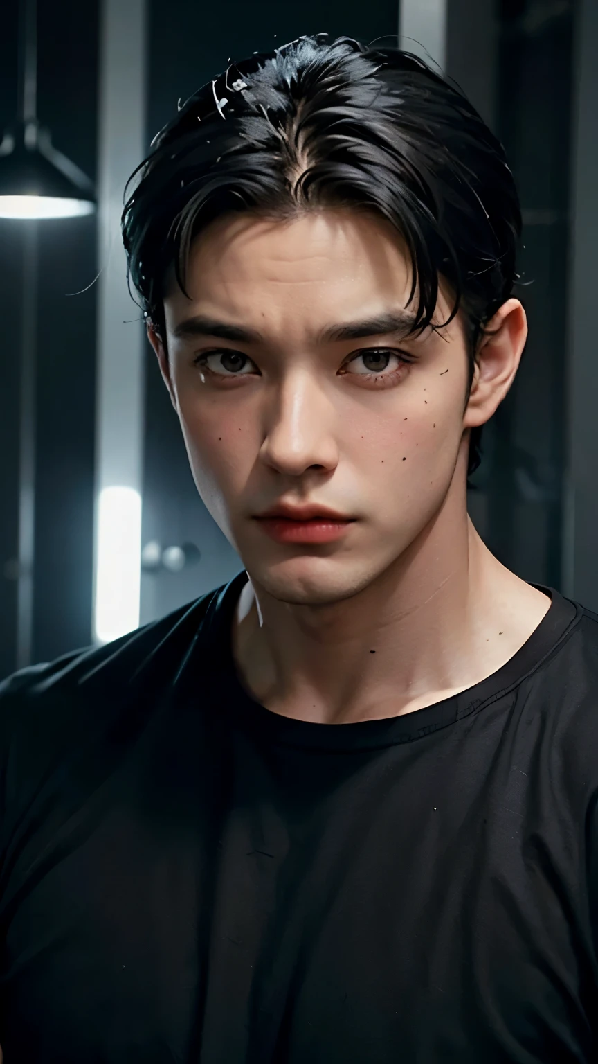 Young Bruce Wayne man black hair, big muscular body, black t-shirt, in a dark room closeup face short