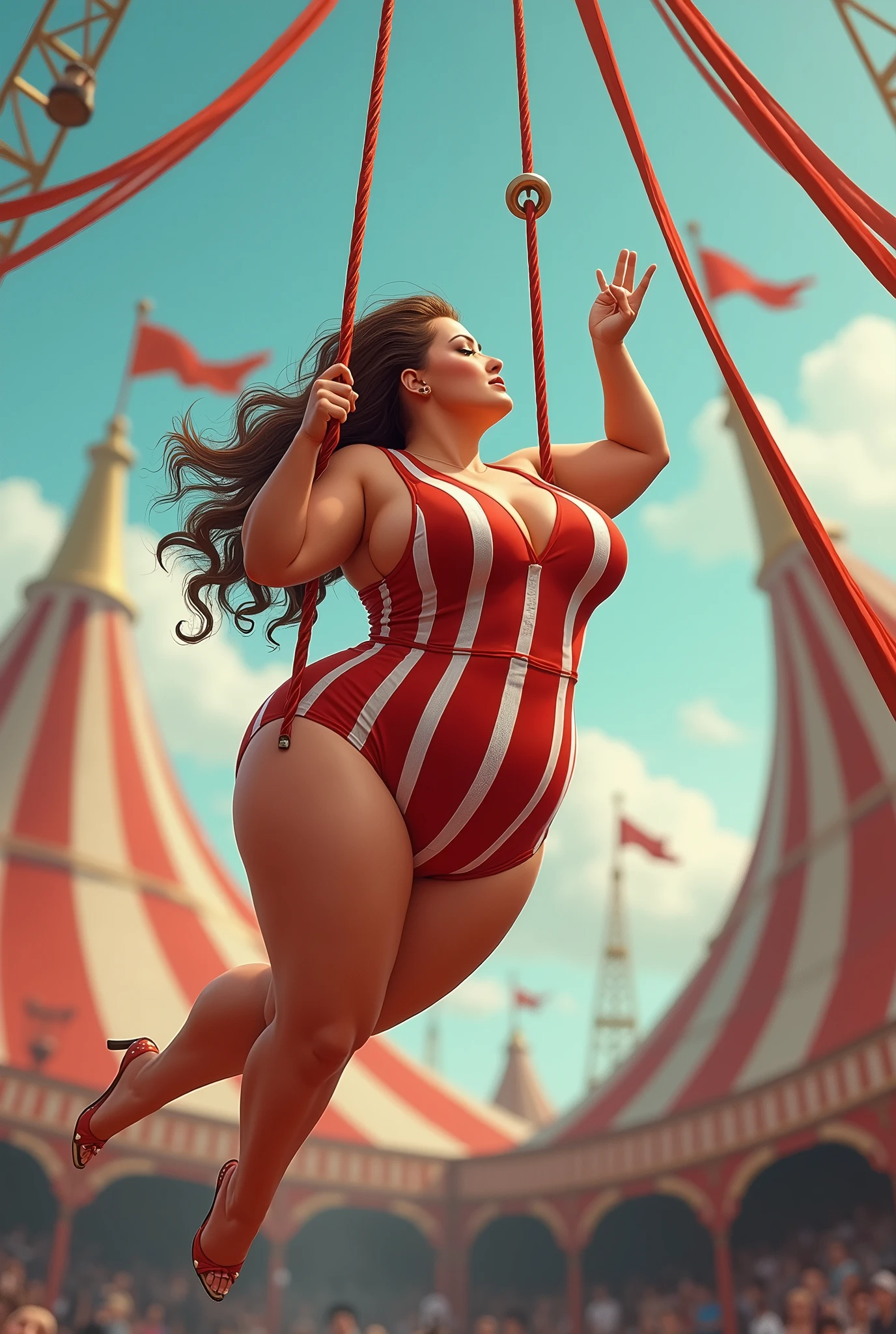 A fat woman wearing red stripes overall doing trapeze swing