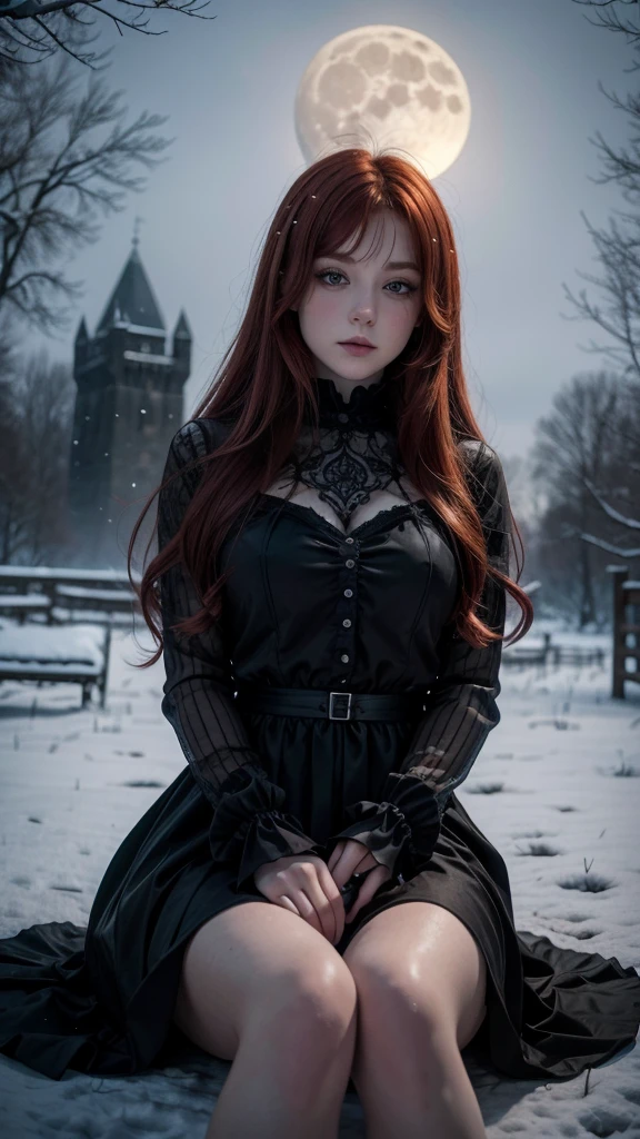 Gothic redhead girl, resting on the shore of an ancient tower, The full moon night, as the snow falls, with trees in the background 
