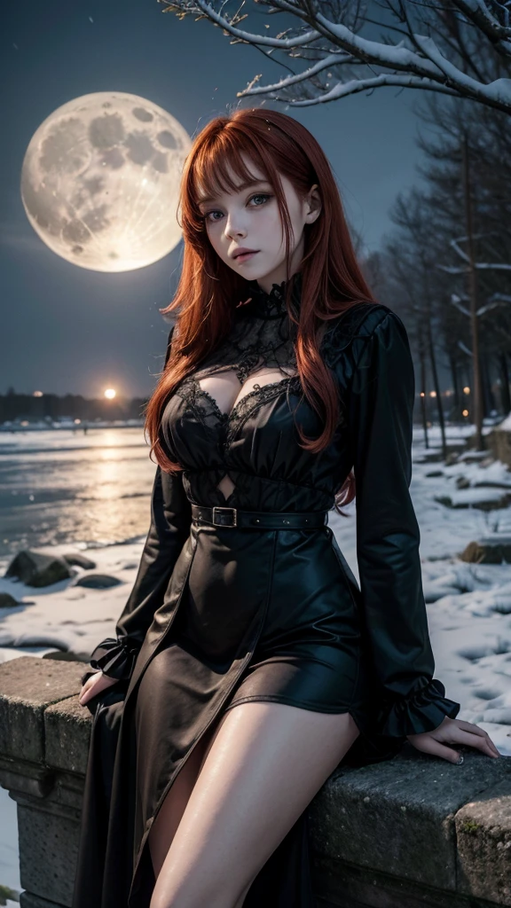 Gothic redhead girl, resting on the shore of an ancient tower, The full moon night, as the snow falls, with trees in the background