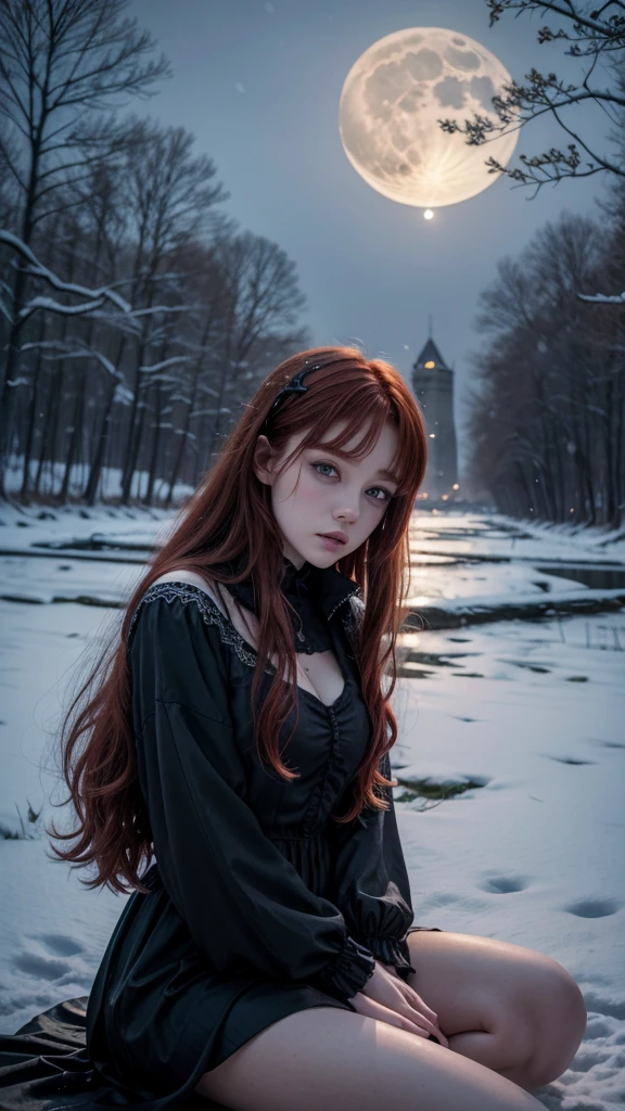Gothic redhead girl, resting on the shore of an ancient tower, The full moon night, as the snow falls, with trees in the background 
