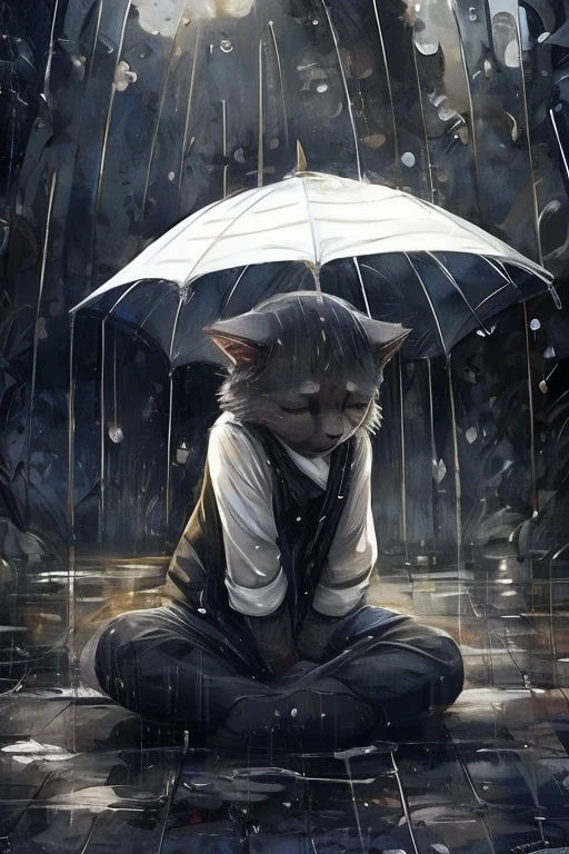 A kitten, sad, under the rain