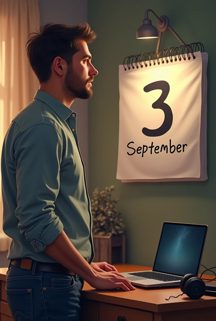 A man looks at the calendar; the date on the calendar is September 3. There is a laptop and headphones on the table nearby. Home environment. Man wearing a shirt and jeans