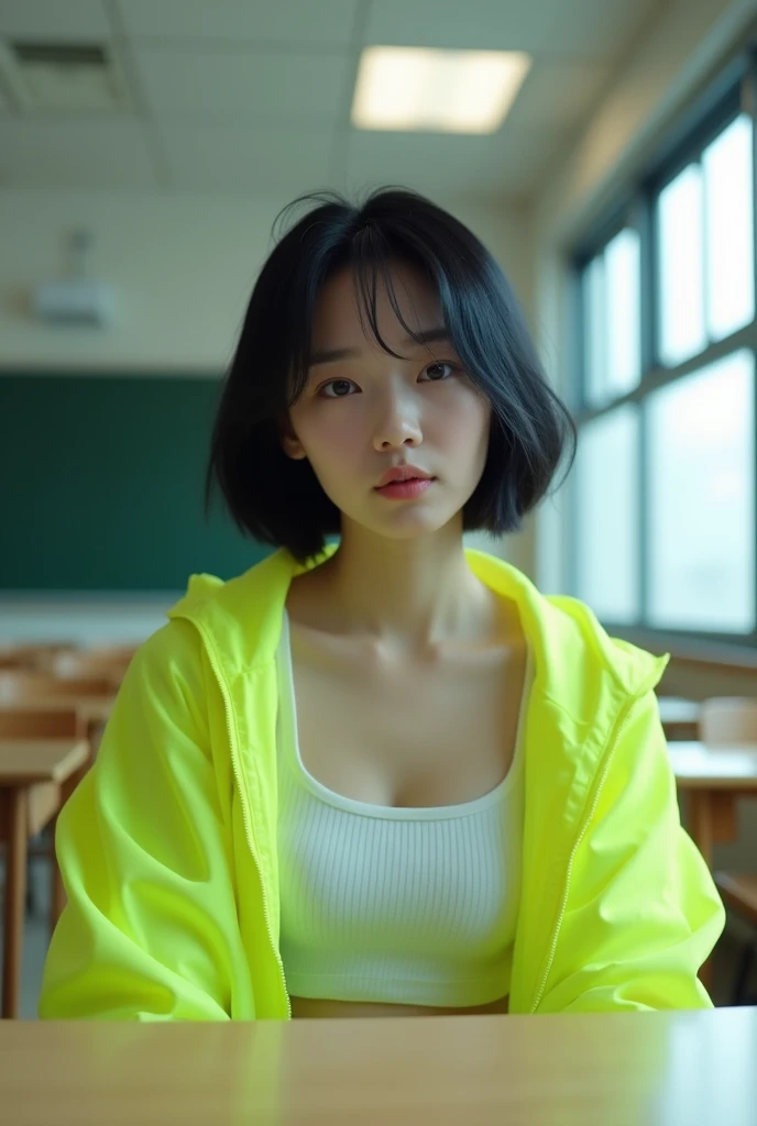 Photorealistic image of a japanese woman with Black short bob hair,wearing a white tank top and fluorescent green sun protection jacket, sitting at a desk in a brightly lit classroom with a blackboard, ceiling flat lights, and a large window in the background, with soft light highlighting her features, cinematic composition,3/4 side shooting angle,side face