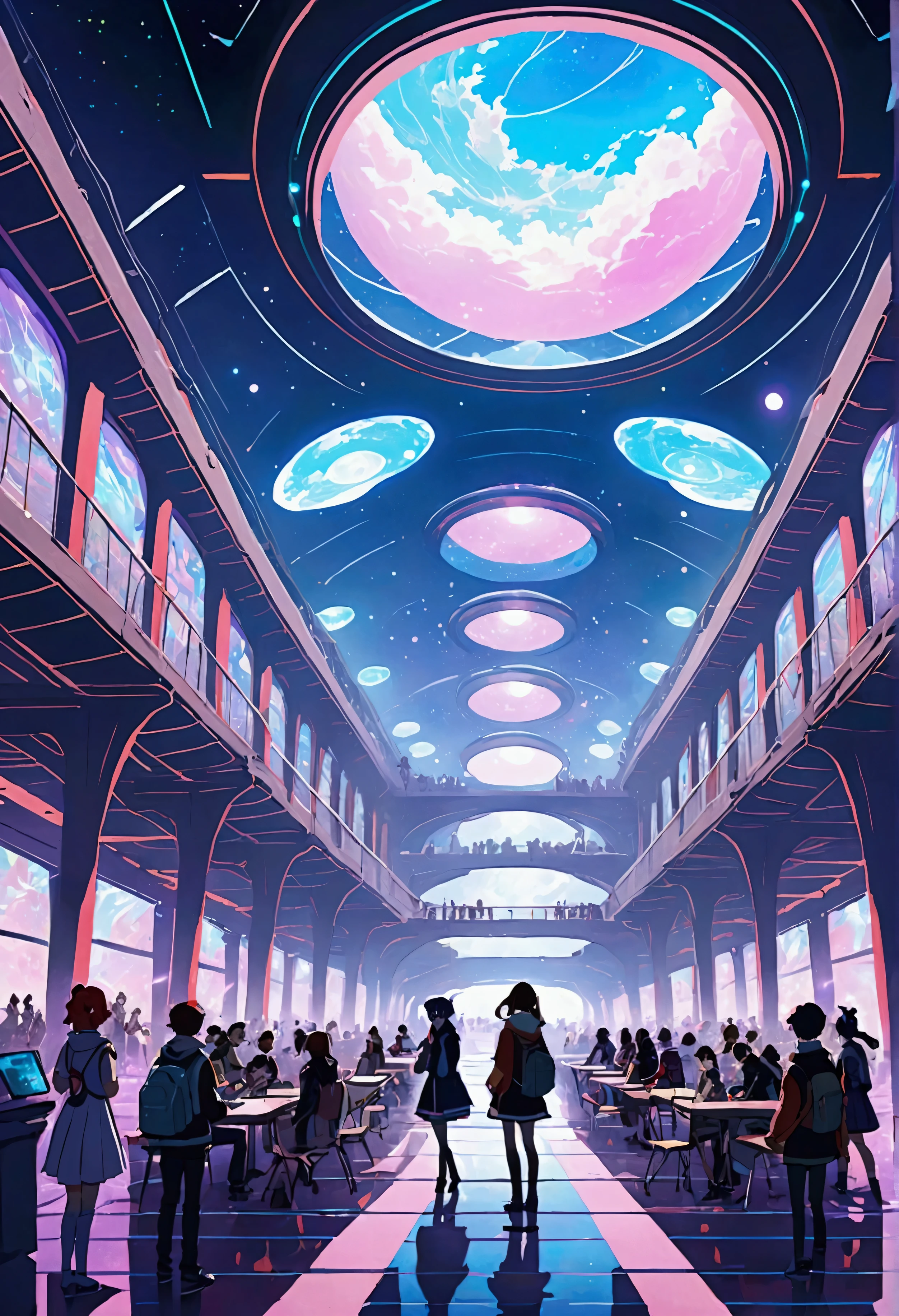 Futuristic tech fest in a college in Anime style