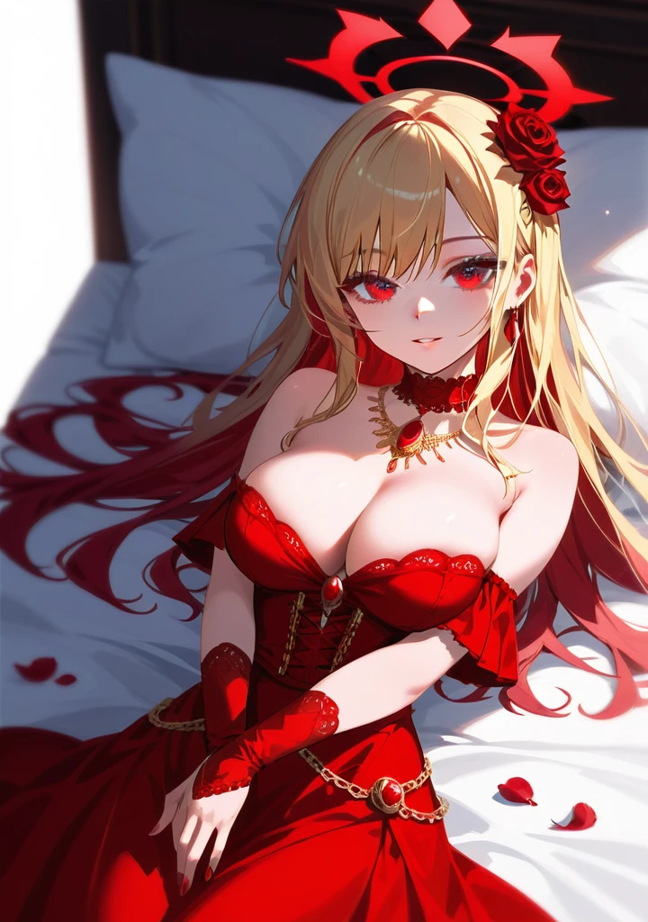 (very close up) (1girl) (adult woman) (topless:1.1) (elaborate beautiful red gold dress:1.2) (ruby red chains on wrists) (girl looking at viewer intently) (ruby red halo) red rose choker, night, dark cozy bedroom, Good lighting, Shadows in the movies, very large breasts, thin waist, Long HAIR, (blonde hair), (innocent look:1.5), original HAIR style, Dynamic Angle, (detailed face:1.3) (dynamic lighting:1.5), (ruby red eyes) (ruby red leaf bracers on arms) (ruby red leaf hair piece) (elaborate ruby necklace) (red roses on bed:1.3) (red roses in hair) (stunning beautiful red eyes)