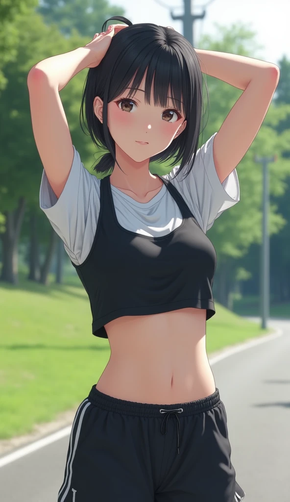 Realistic glowing skin, (発Sweat:1.8),Stand backwards,Look back at your face,Always look at the camera,(発Sweat:1.8),(Beautiful nipples in real life:1.6),,(whole body:1.9),(発Sweatしたリアルな白い肌:1.9),White socks, (black running shoes:1.8),
,Cold look,Cold Stare,Black Hair,short hair,Tie your hair short,Silky translucent white skin,,(Very detailed美しい顔), Great face and eyes, (Highest quality:1.4), (Very detailedな), (Very detailed CG 統合 8k 壁紙), Very detailed, High resolution raw color photos, Professional photography, Realistic portrait,Sweat,,(A Cup:1.9),(Flat Chest:1.9),(Very small breasts:1.9),(Breast augmentation:0.1),(Small breasts beginning to swell:1.9),(Breasts during puberty:1.9),
, (少女のwhole bodyの詳細なRAW写真), Canon EOS R5 250mm, Sharp focus, Cinema Lighting, (No makeup:1.2), Fine skin, Delicate collarbone,,(Ultra-high resolution:1.6), (Realistic:1.6),,(Japanese junior high school girls:1.9),(whole body:1.8),(Sweatが滴る肌:1.9),(The lower half of the body is a black athletics uniform:1.9),(Sweatで滲んだ肌:1.9),(Age is :1.9),(Raise your arms above your head:2),(The upper body is a white athletics uniform:1.9),Height is 155cm,Non-erect, thin nipples,very small nipples,Natural nipples,Real girl nipples,Not disgusting nipples、Outdoor,Sweat,(Sweatばんだ肌:1.9),