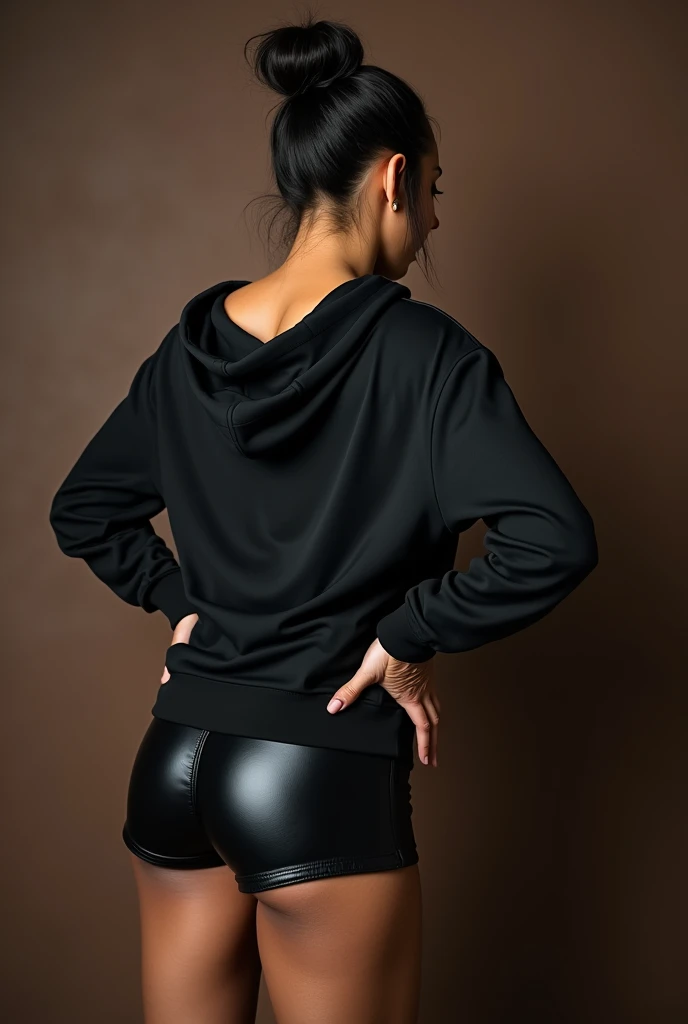 black woman hair in a bun black hoodie black leather short shorts being fucked in the ass by a old grandma in a dress