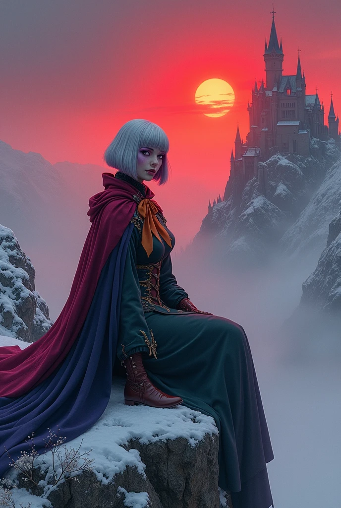 (Highly detailed face, avert your eyes, Gothic fantasy illustration, Ukiyo-e, Comic art, Rich colors, the most important work),
BREAK
(This is a sudden, Rocky Mountain 5,altitude 000 meters. poor visibility due to thick fog. white fog scenery spreads.),
BREAK
(Dark Elf: A young Dark Elf woman with silver hair., Blunt bangs, Bob cut and dark purple skin, lavender eyes, gigantic breasts),
BREAK
(A female Dark Elf vampire hunter wearing a crimson veil and carrying a crossbow., blue ruby mantle, traditional dark green Victorian tight dress with a large orange ribbon, and brown boots.),
BREAK
(A female Dark Elf vampire hunter kneels on a frozen rock, Dracula's Castle, stands on a rugged mountain, In front of her. deep fog surrounds her, and the sunlight shining from behind her seems to envelop her in a rainbow aura. Brocken phenomenon. parabolic effect.), (deep red mist rises、dimly lit, dyed in the setting red sun, spreading like smoke.)
