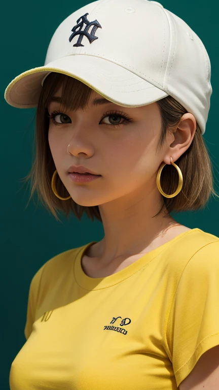 Tetsuya Nomura, masterpiece, best quality, 1 girl, Aqua eyes, Baseball cap, blond, Keep your mouth shut, earrings, Green background, have, hoop earrings, jewelry, looking at the audience, shirt, short hair, Simple background, alone, Upper Body, yellow shirt