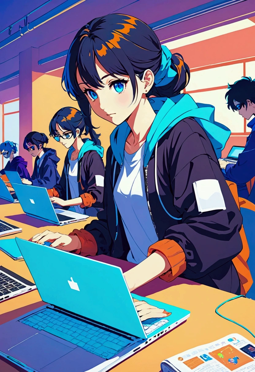 hackers working on laptops in college in Anime style