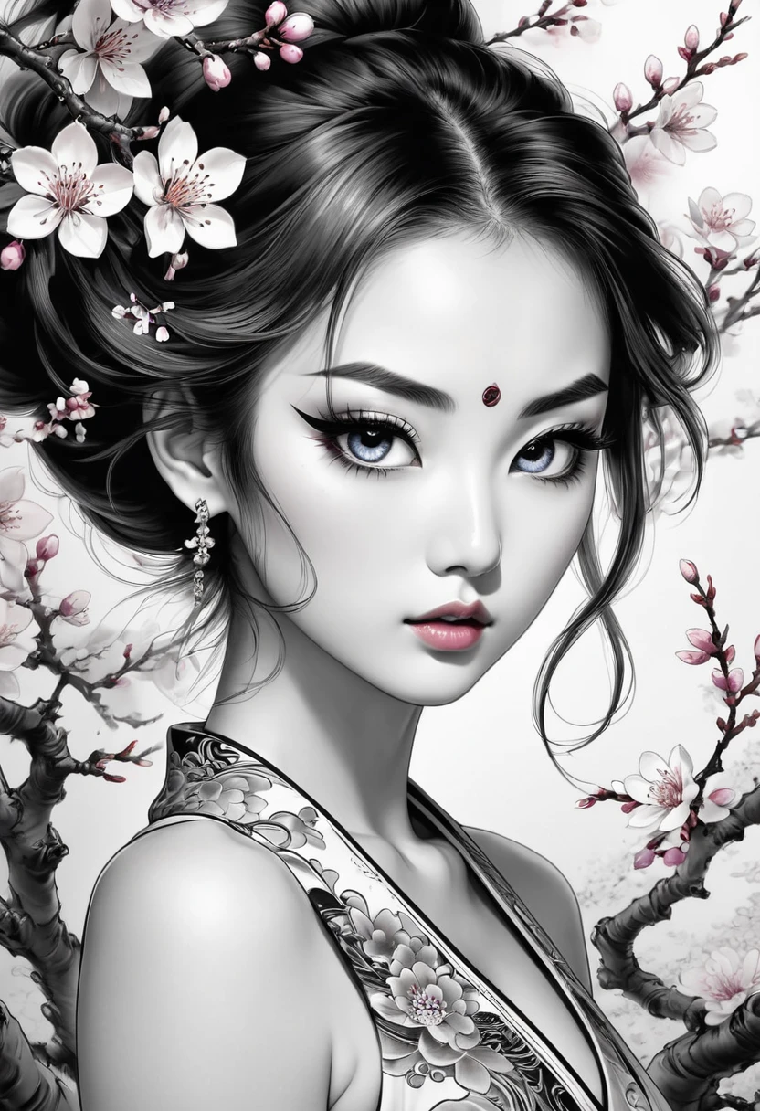 (best qualityer,4K,8k,high resolution,work of art:1.2),ultra detali,black andwhite,Ink Ink,Japanese tattoo,beautiful detailed eyes,beautiful detailed lips,extremely detailed eye and face,long eyelashes,fine line work,delicate shading,artistic composition,traditional style,feminine beauty,dynamic pose,elaborate standards,floaty cherry blossoms,Meaningful symbolism,graceful motion,subtle color details,Contrast and depth,soft lighting,impressive visual impact,vivid emotions,serene atmosphere,powerful expression,true-to-life portrayal,Sophisticated aesthetics,unique combination of tradition and modernity,authentic cultural representation