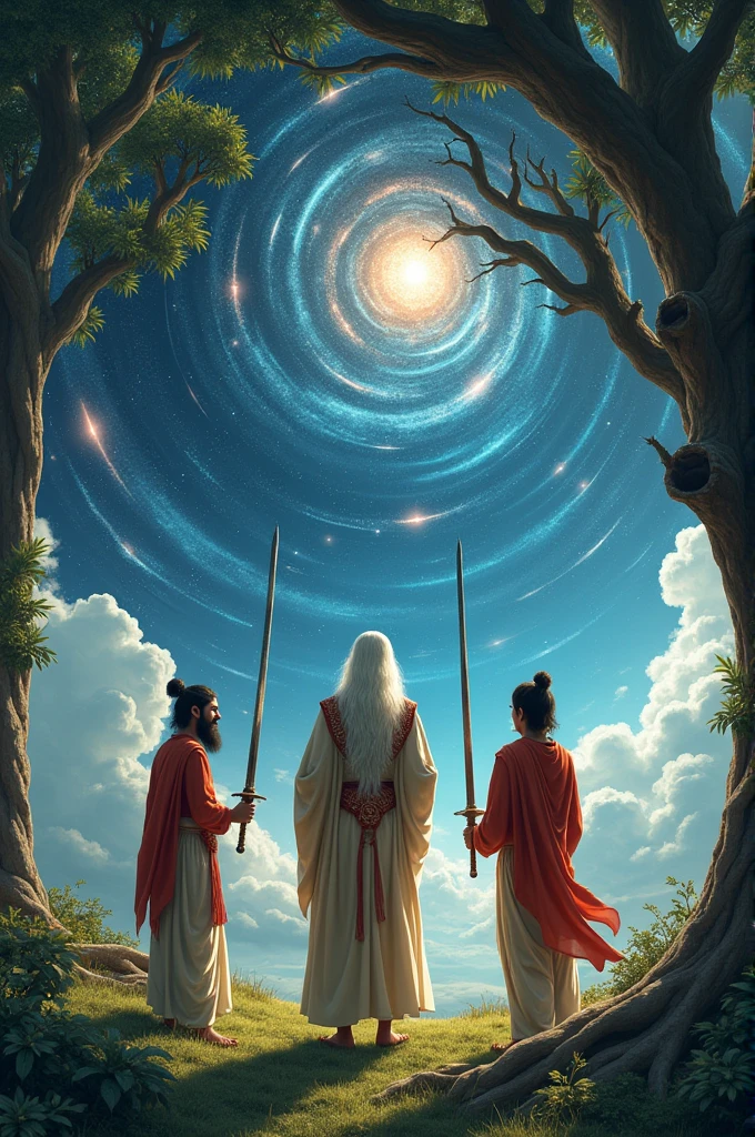Bhadwan valmiki teaching sword to luv kush under the tree in cosmic background 