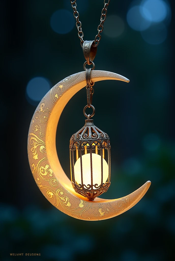 This is an enchanting crescent moon necklace, featuring a glowing, luminescent design. The crescent moon pendant is large and dominates the design, curving gracefully with a delicate filigree pattern that adds intricate detail to its surface. The crescent has a soft, radiant Rainbow glow that emanates from within, creating a magical and otherworldly effect. Hanging from the inside of the crescent moon is a small, spherical crystal or orb, encased in an ornate, Golden metal cage. The orb also emits a faint Rainbow glow, harmonizing with the light of the crescent moon. The metal cage surrounding the orb is intricately designed, with delicate swirls and loops that add a touch of elegance and complexity. The pendant is attached to a fine, Golden chain that complements the overall design. The chain is simple and unobtrusive, allowing the focus to remain on the glowing crescent moon and orb pendant. The overall aesthetic of the necklace is mystical and celestial, perfect for someone who appreciates unique, fantasy-inspired jewelry with a touch of magic.