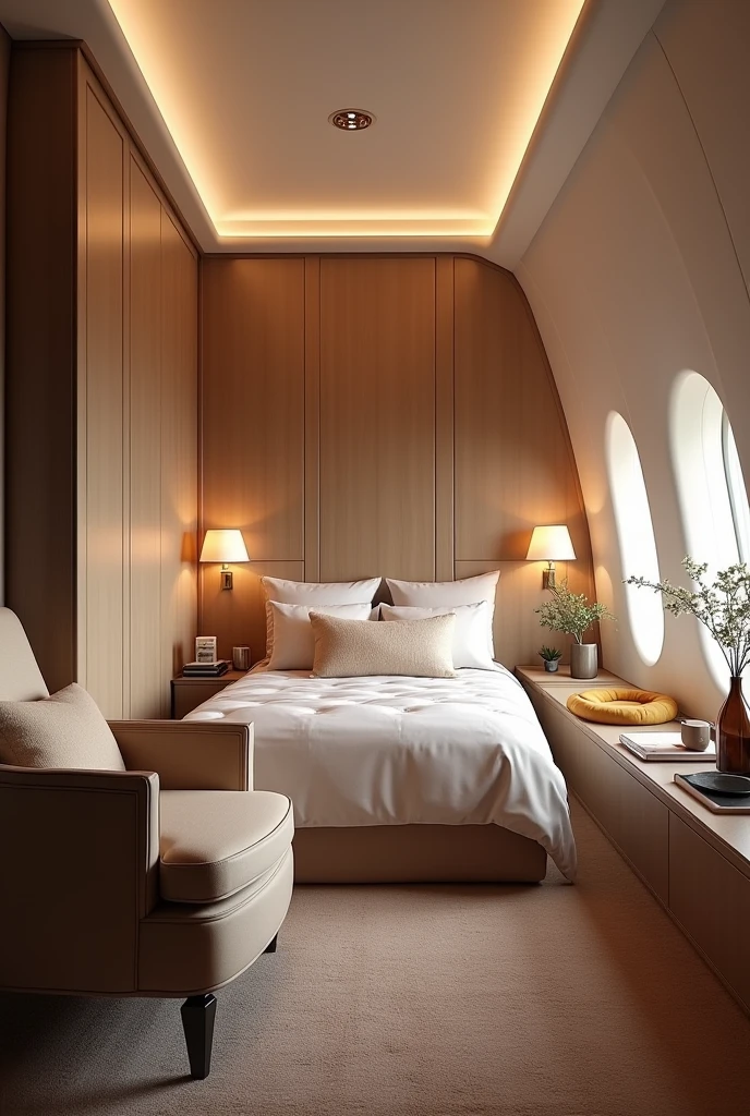 Generate an image of a simple room on an airplane that is a room with a bed Add a chair and a dog bed Make it More luxurious